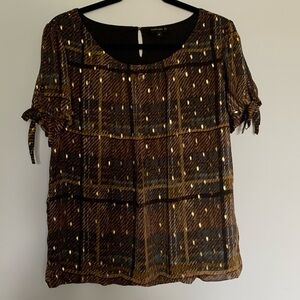 Navy and Brown Plaid Blouse with Gold